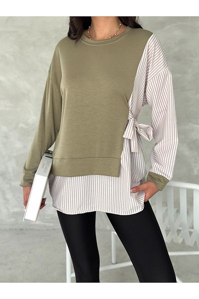 sportiness Poplin Side Tieing Detail Garneled Shirt Look Modal-Terry Cotton Fabric Sweatshirt