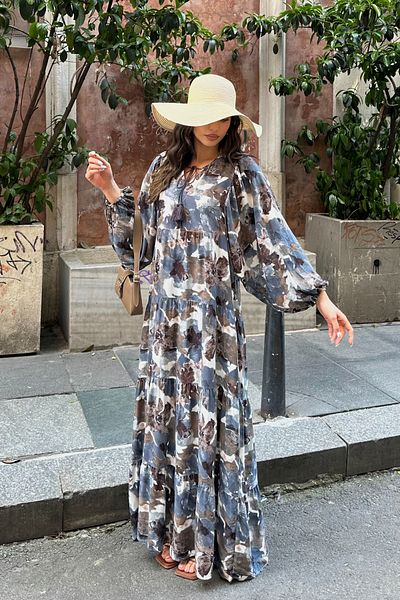 ASEDE 100% Viscose Bohemian Alaçatı Dress V-Neck Ethnic Patterned Viscose Dress Suitable for Hijab