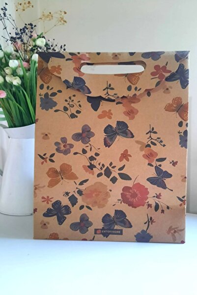 Emtory Kelebek Çiçekli Kraft Çanta - Hediye Paketi - Anneler Günü Hediyesi - 1 Adet