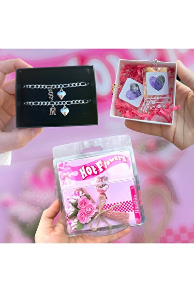 HayDün 3 Lü hediye set sevgili arkadaş Çelik harfli bileklik buket parmak izi...