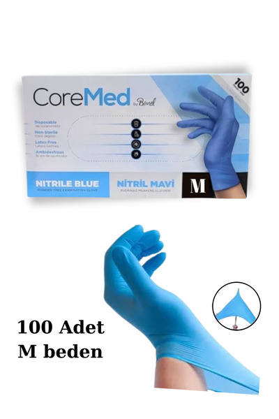 Genel Markalar Coremed Pudrasız Mavi Nitril Eldiven Orta Boy ( M beden) 100 lü Paket