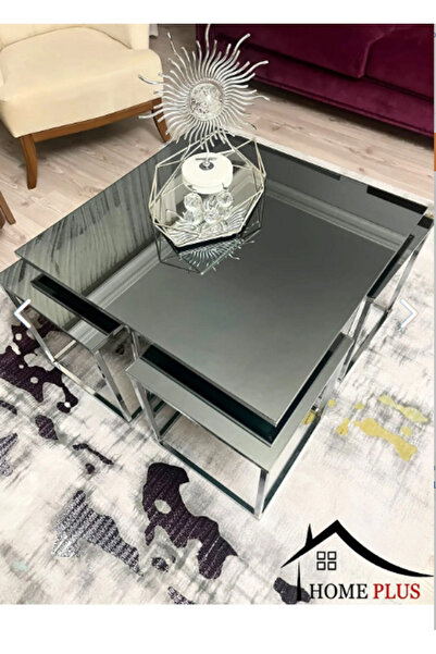 MYDECO Minsk 5'li Gümüş Kaplama Füme Aynalı Orta Sehpa & Zigon Sehpa & Yan Sehpa & Bohem Sehpa Takımı