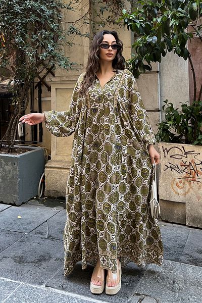 ASEDE 100% Viscose Bohemian Alaçatı Dress V-Neck Ethnic Patterned Viscose Dress Suitable for Hijab