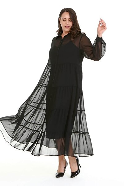 MYLİNE Astarlı Şifon Katlı Uzun Elbise