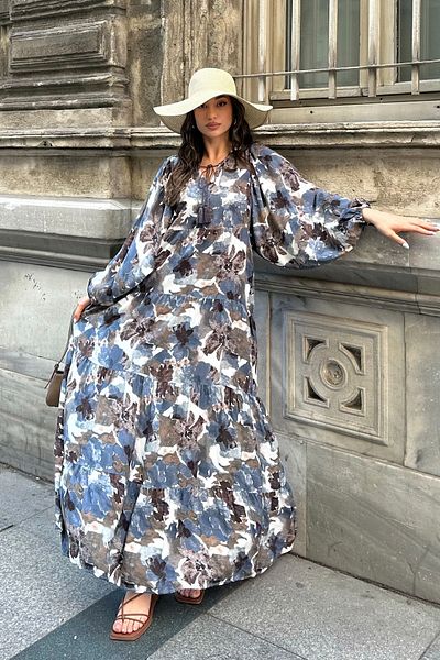 ASEDE 100% Viscose Bohemian Alaçatı Dress V-Neck Ethnic Patterned Viscose Dress Suitable for Hijab