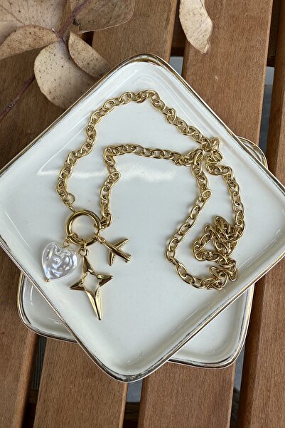 AURA ATELIER Çelik Ucu İnci & Uçak Charmlı Kolye 47cm Çelik