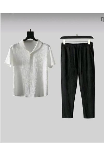 LA VESTİTİ Unisex Women Men Wrinkled Crinkle Fabric Summer Lycra Short Sleeve T-Shirt Tracksuit Set