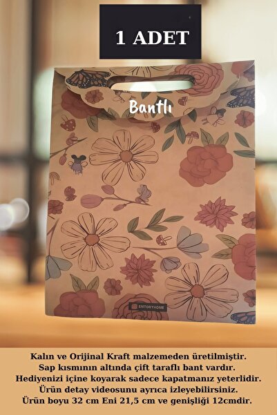 Emtory Papatya ve Gül Desenli Kraft Çanta - Anneler Günü Hediye Paketi - Anneler Günü - 1 Adet