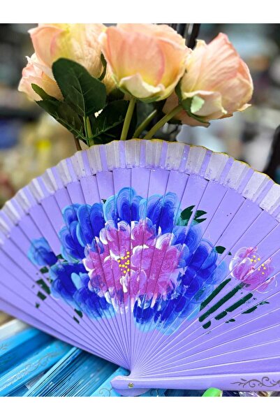 baytoptan Yelpaze Bambu Çift Taraflı Çiçekli El Boyama Lila