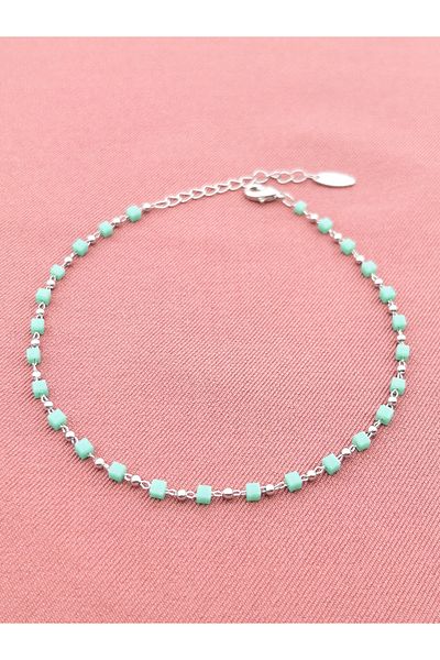 Siya Silver Turquoise Bead Detailed Cube Model Anklet