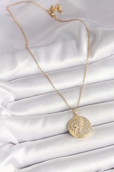 Clariss 316L Steel Gold Color Chain Zircon Stone Moon Sun Engraved Medallion Model Women's Necklace