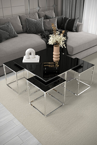 home plus mobilya Seul 5'li Gümüş Kaplama Siyah Aynalı Orta Sehpa & Zigon Seh...