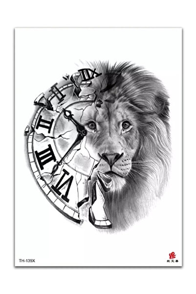 Miyoste Gerçek Dövme Görünümlü Saat Ve Aslan Model Geçici Dövme 3 Boyutlu Tattoo