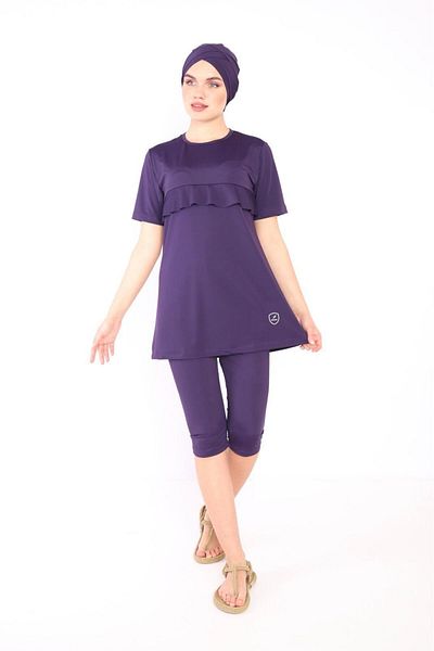 XORVİO Women's Half Sleeve Burkini Water Repellent Fabric Lycra Quick Dry Purple Semi-Covered Pool Swimsuit