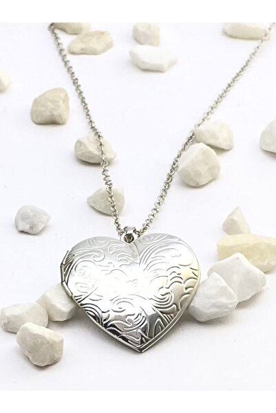 Doğaltaş Fotoğraflı Açılır Kapaklı Gümüş Renk Kalp Kolye