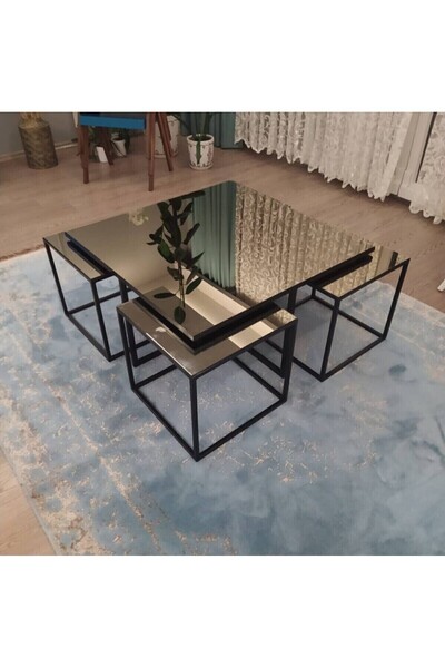 home plus mobilya Saipan 5'li Siyah İskelet Bronz Aynalı Orta Sehpa & Zigon Sehpa & Yan Sehpa & Bohem Sehpa Takımı