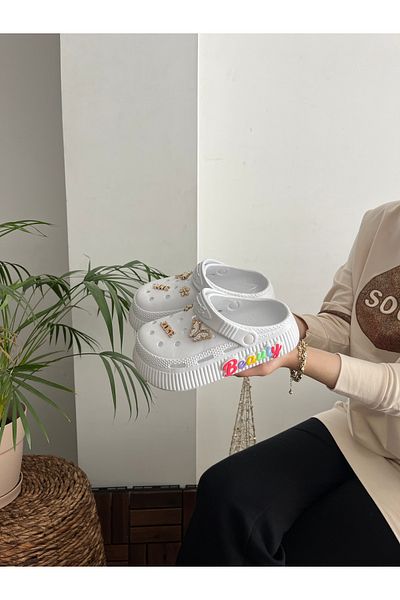 Behtah Kundura Sandale de zi cu zi pentru fete, cu față închisă, antiderapante, cu talpă înaltă, papuci cu strasuri, 6 bucăți de ornamente