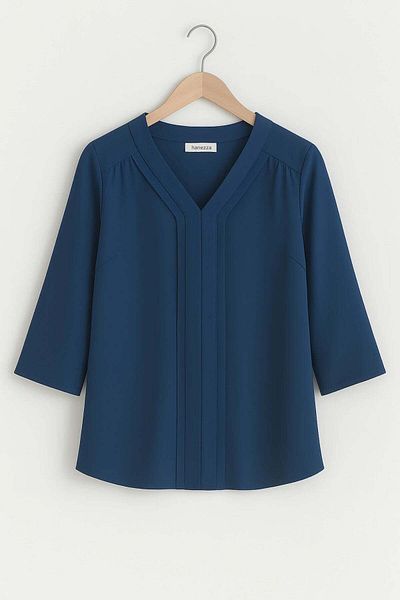 Hanezza Plus Size Stylish V-Neck Rib Detail Jessica Crepe Blouse