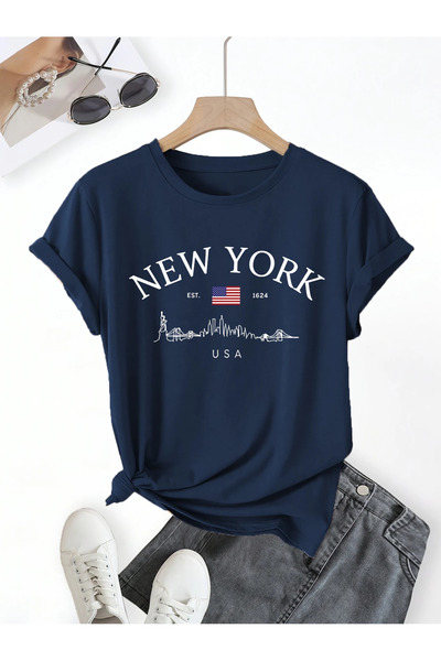 l'eivor Njujork Minimal Štampano tamnoplave ženske Pamuk T-shirt