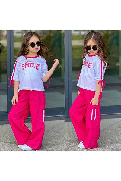 sinmm Girl's Tracksuit Set Parachute Fabric Bottom Combed Top 2-Piece Set Fuchia Color
