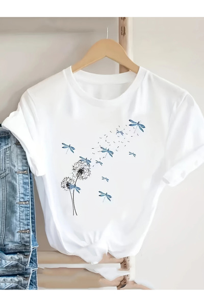 l'eivor Yusufçuk Baskılı Beyaz Kadın Pamuk T-shirt