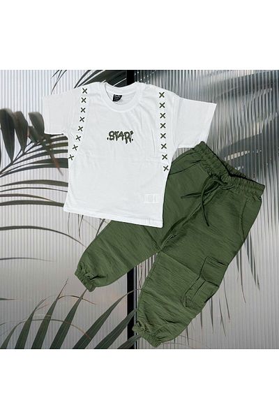 sinmm Boy's Bottom Parachute Fabric Top Combed Fabric with Embroidery Detail Bottom-Top 2-Piece Set Khaki Color