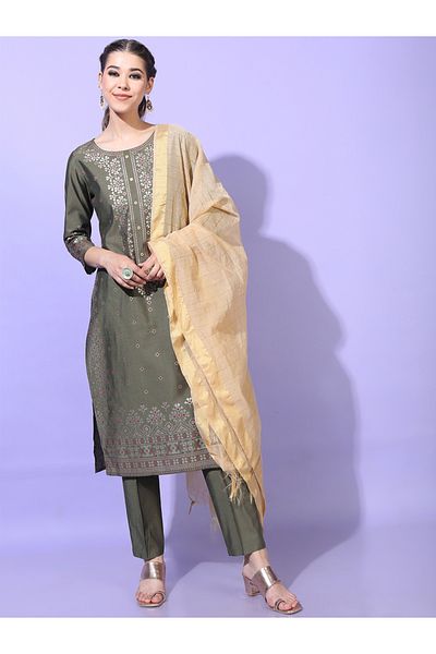 Vishudh By Styli Women Olive Printed Viscose Kurta Set