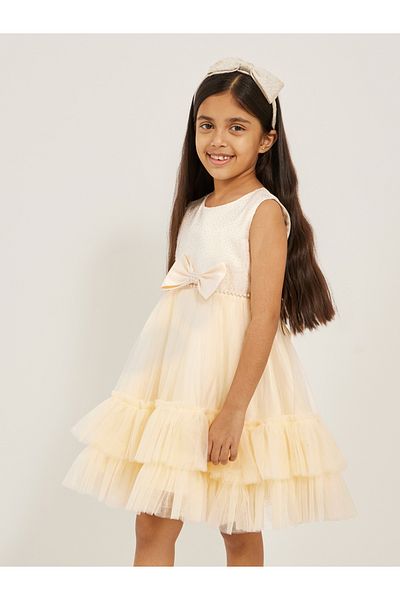 Styli Embellished Layered Ruffle Hem Dress with Bow Detail