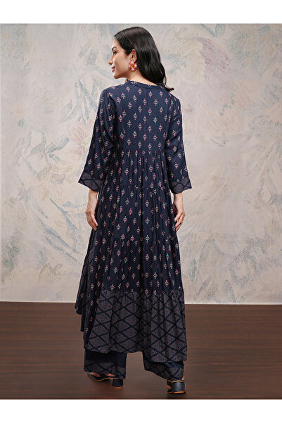 Vishudh By Styli Women Blue Printed Viscose Kurta with Palazzo Pants