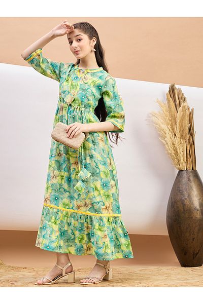 Stylo Bug By Styli Floral Print Tie-Up Neck A-Line Maxi Dress