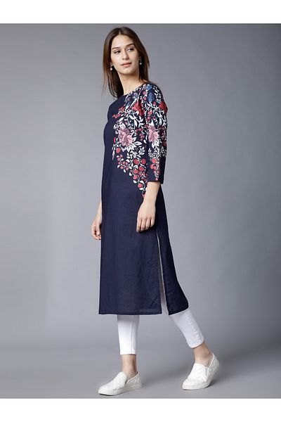 Vishudh By Styli Women Navy Printed Straight Kurta