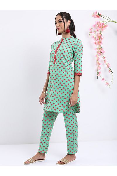 Vishudh By Styli Women Green Printed Kurta and Trouser Set