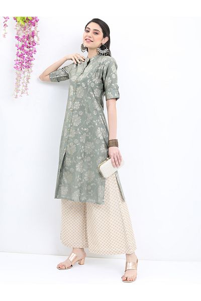 Vishudh By Styli Floral Printed Band Collar A-Line Kurta
