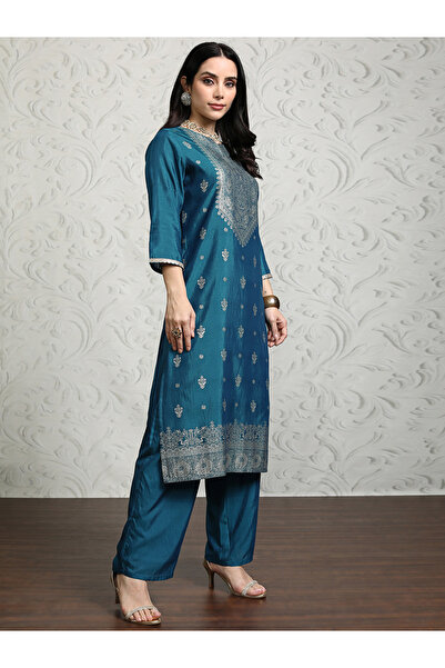Vishudh By Styli Women Blue Printed Viscose Kurta Set with Dupatta