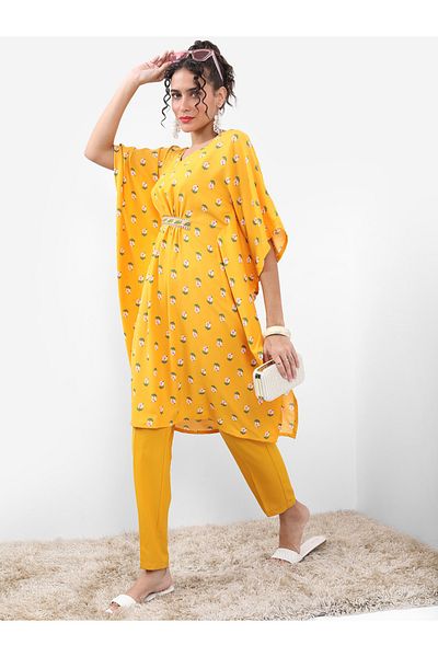 Vishudh By Styli Yellow Floral Printed Kaftan Set with Trouser