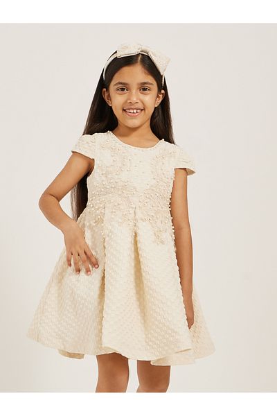 Styli Embellished Faux Pearl Lace Insert Pleated Dress