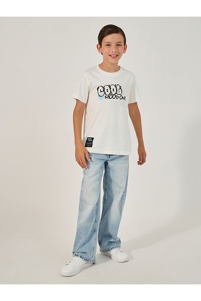 Styli Graphic Print Round Neck T-Shirt with Badge Detail