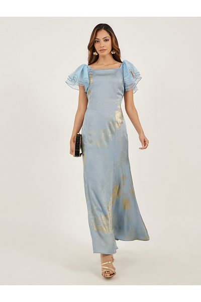 Styli Jacquard Print Mermaid Maxi Dress with Ruffled Sleeves