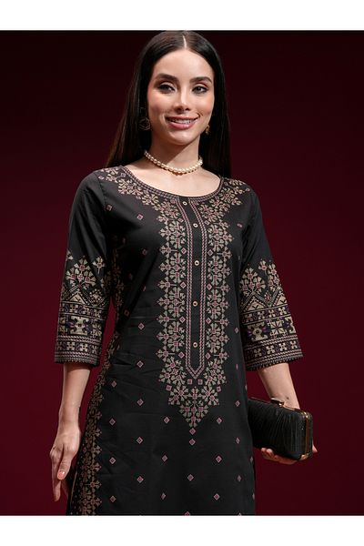Vishudh By Styli Women Black & Golden Printed Straight Kurta