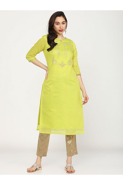 Vishudh By Styli Women Lime Green Embroidered Kurta
