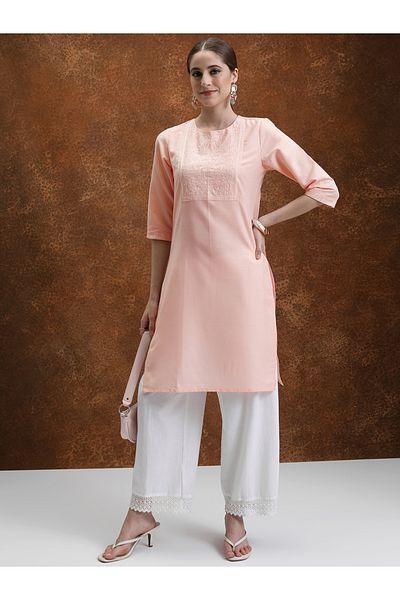 Vishudh By Styli Peach-Coloured Floral Yoke Design Embroidered Straight Kurta