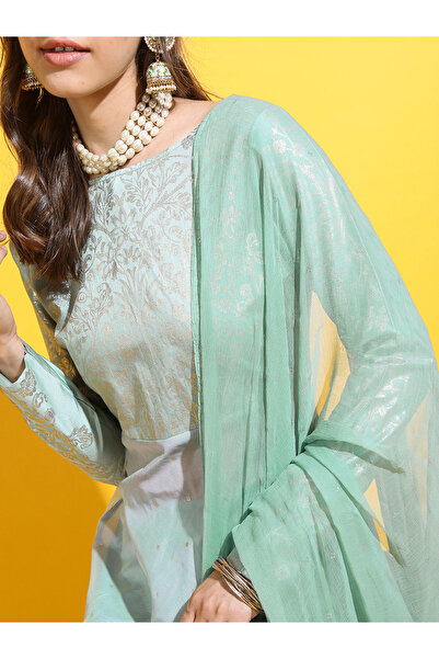 Vishudh By Styli Green Floral Polyester Kurta Set with Skirt & Dupatta