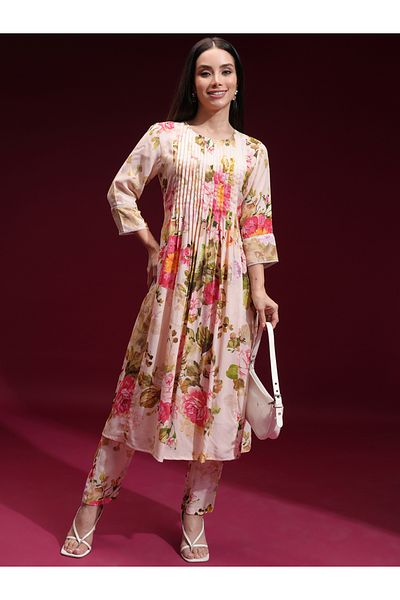 Vishudh By Styli Women Cream Floral Printed Kurta with Trousers