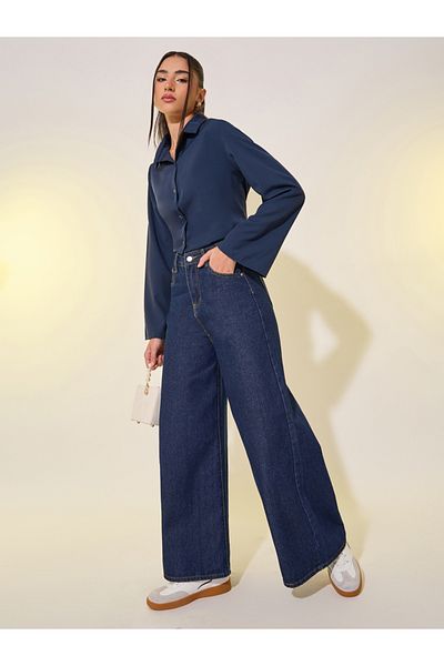 Take Two By Styli Navy Blue Spread Collar Plain Long Sleeve Blouse