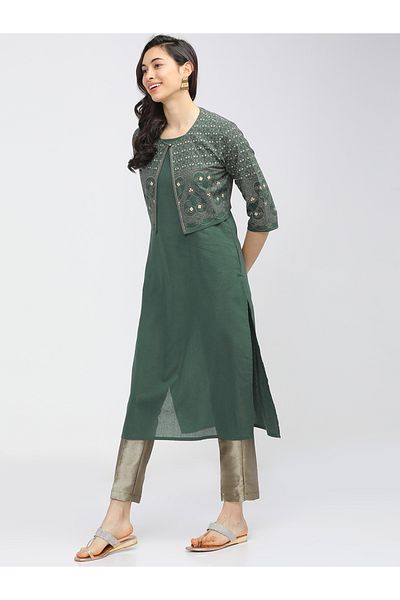 Vishudh By Styli Women Green Printed Kurta With Jacket