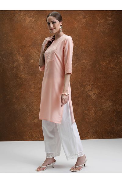 Vishudh By Styli Peach-Coloured Floral Yoke Design Embroidered Straight Kurta
