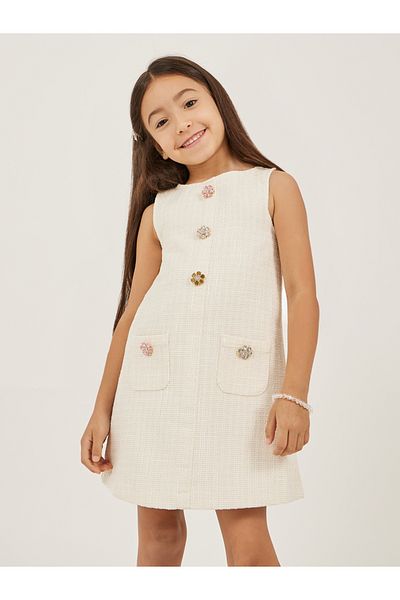 Styli Tweed Sleeveless Dress with Button Detail