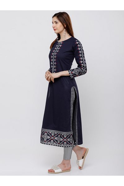 Vishudh By Styli Vishudh Women Navy Blue Yoke Design Straight Kurta