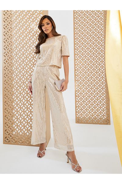 Styli Cream Wide Leg Sequin Pants