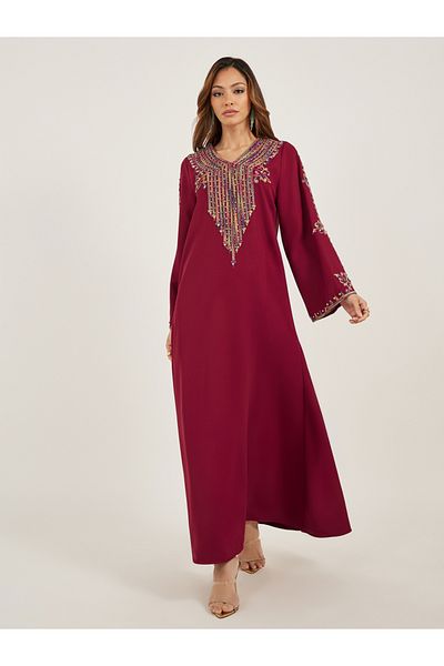 Styli Embroidered V Neck Jalabiya with Rhinestone Detail
